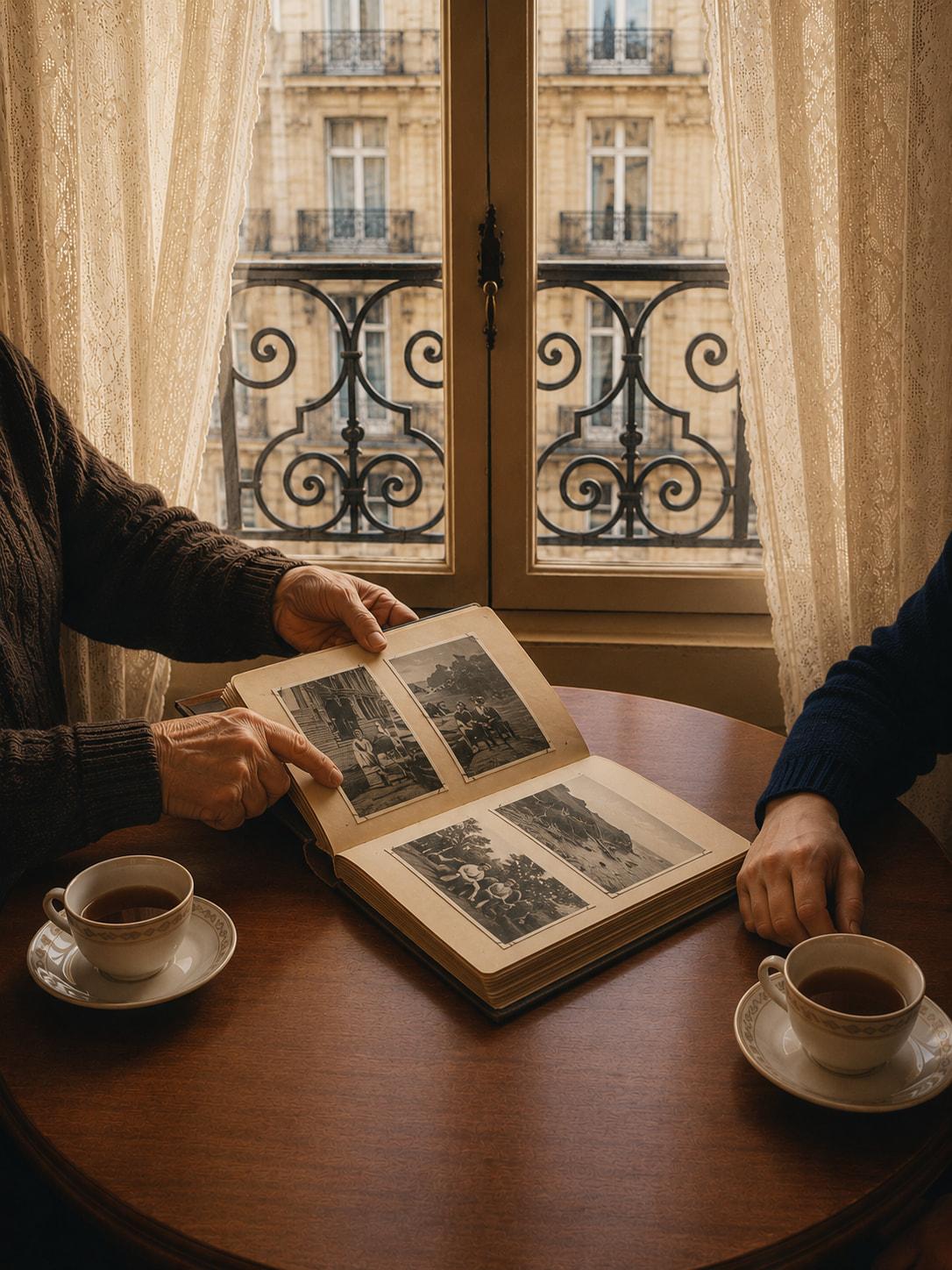 Une personne âgée feuillette un album de photographies devant une fenêtre parisienne, la main d'un philos posée près d'elle sur la table, deux tasses de thé