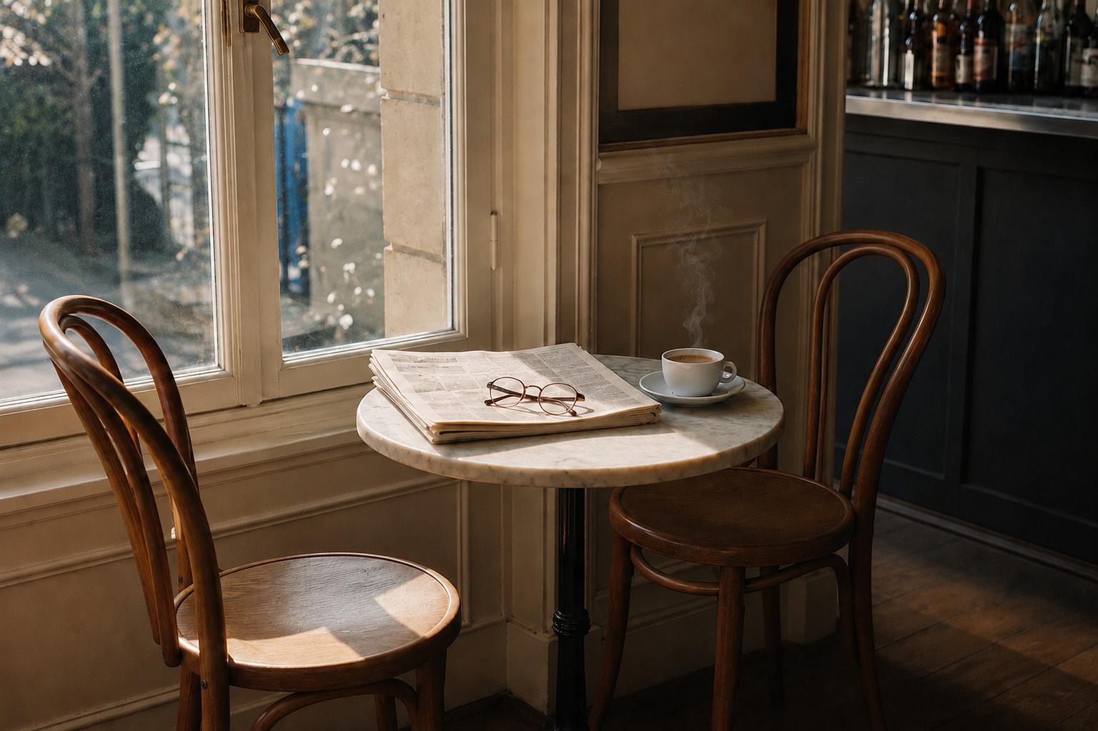 Une table de café parisien au matin, deux chaises qui s'attendent