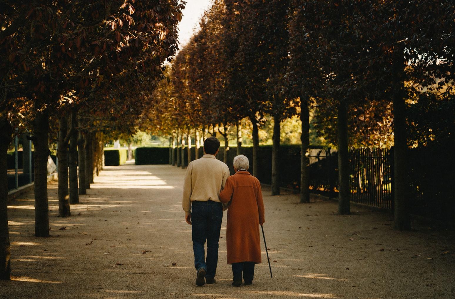 Un philos et une dame âgée marchent côte à côte dans une allée d'arbres, de dos