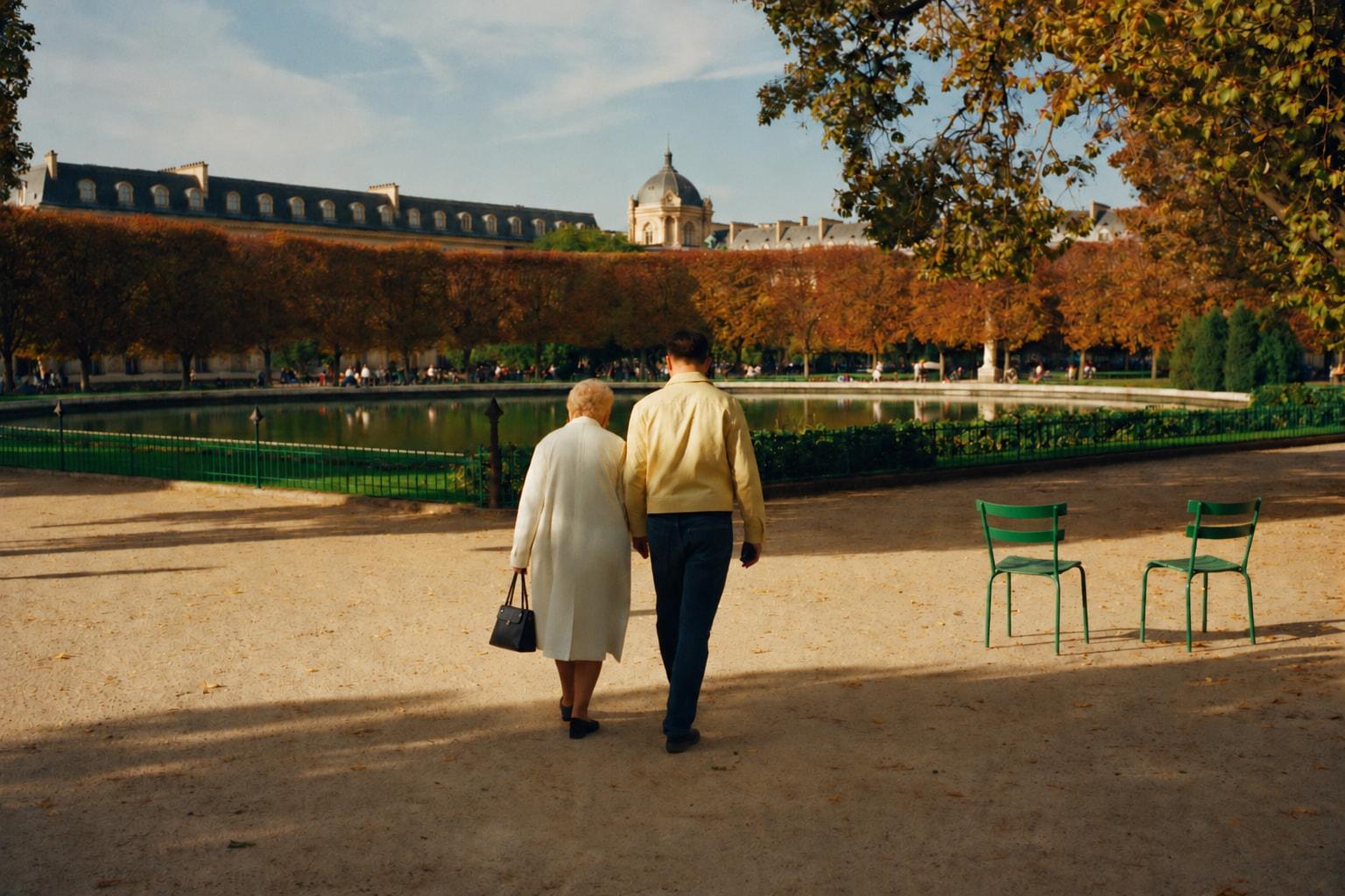 Une dame âgée et un philos, de dos, marchent côte à côte devant le bassin des Tuileries et ses chaises vertes